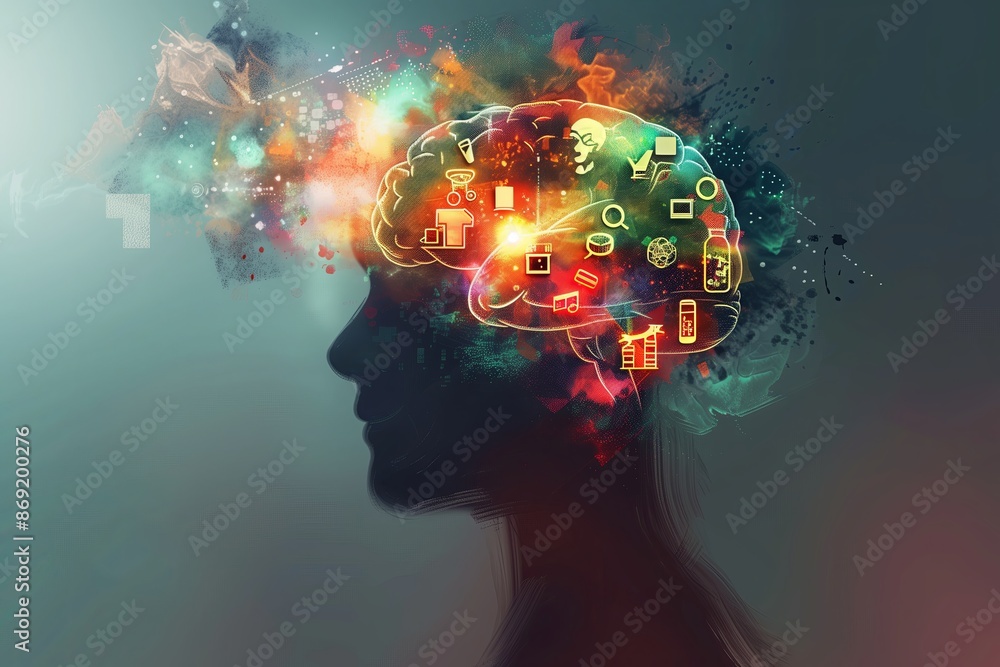 Poster an abstract of a human silhouette with the brain area glowing and filled with various icons