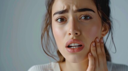 Fototapeta premium A close-up portrait of a young woman, her expression pained as she holds her jaw, likely experiencing toothache. Her brow is furrowed and her eyes are filled with discomfort