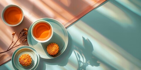 Elegant setup of mooncakes and tea, beautifully arranged with cherry blossoms, representing a serene and traditional tea time.