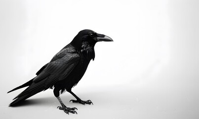 Fototapeta premium A solitary black crow on a white backdrop, Generative AI