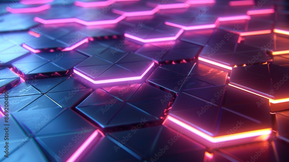 Aufkleber neon-colored hexagonal patterns with glowing edges, abstract tech, digital network