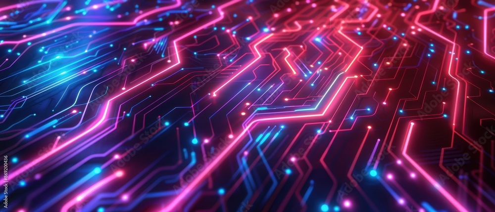 Aufkleber neon-lit circuit board patterns with flowing data lines, abstract tech, futuristic design