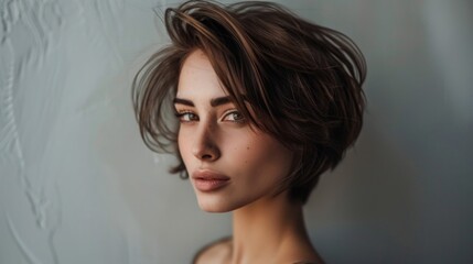 A woman with short brown hair looks directly at the camera against a neutral background, her expression thoughtful and introspective