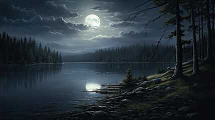 The full moon rises over a tranquil lake, casting a silvery glow on the water.