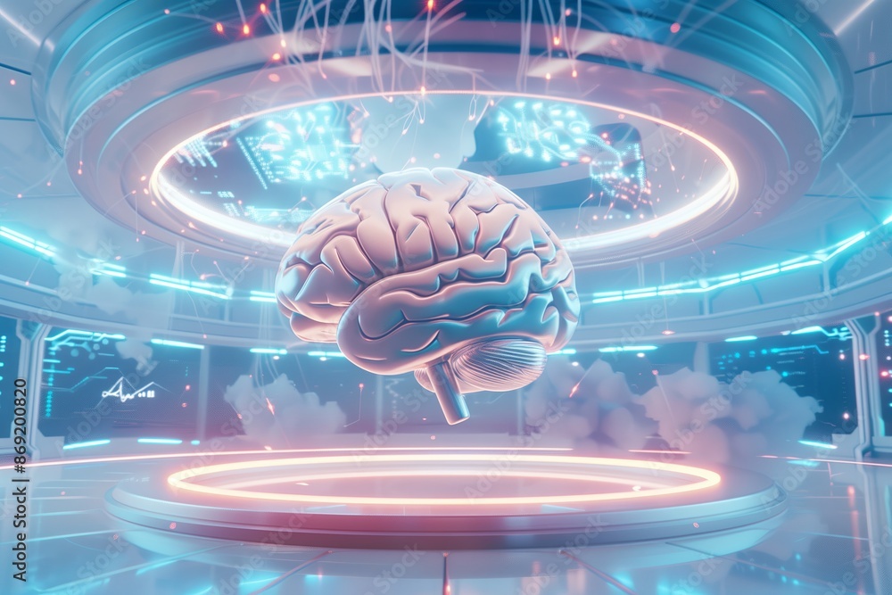 Poster a style illustration of a brain floating in a futuristic, abstract environment. the brain is