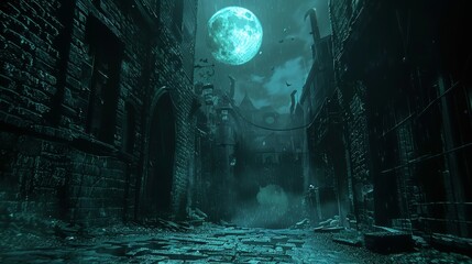 Obraz premium A dark, eerie alley illuminated by a full moon, shrouded in fog and surrounded by old brick buildings, creating a mysterious atmosphere.