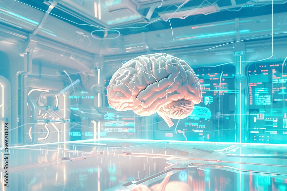 Poster A style illustration of a brain floating in a futuristic, abstract environment. The brain is