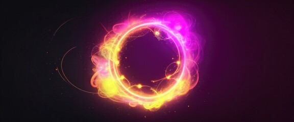 Fototapeta premium Circle and loop frames with magic Yellow and pink flame and sparks on dark background, Abstract neon energy sphere of particles and waves of magical glowing on a dark background