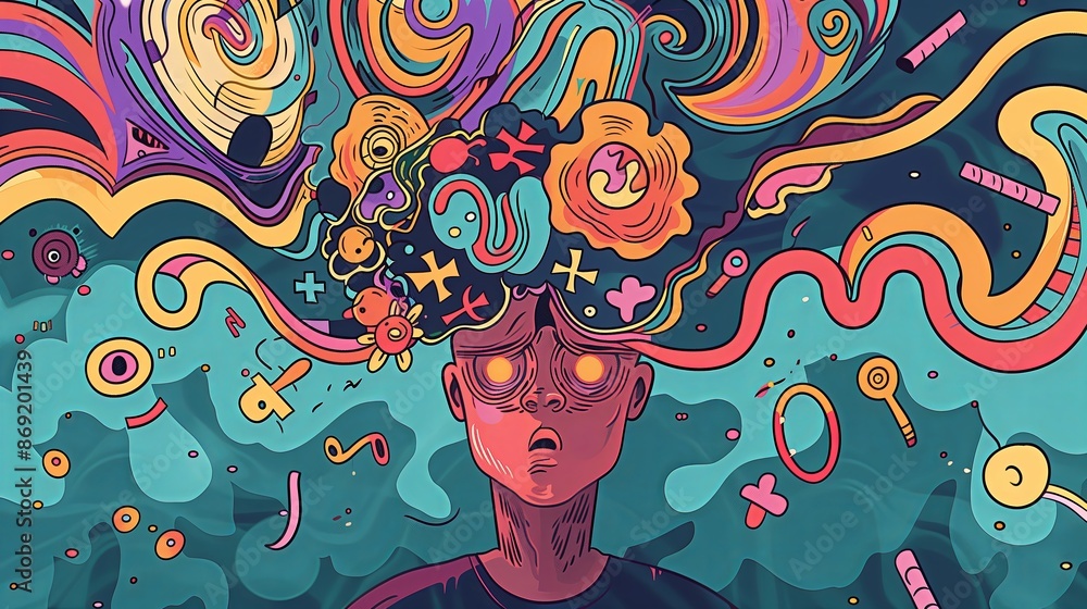 Aufkleber a cartoon style illustration of a person with their head split into multiple floating segments, each