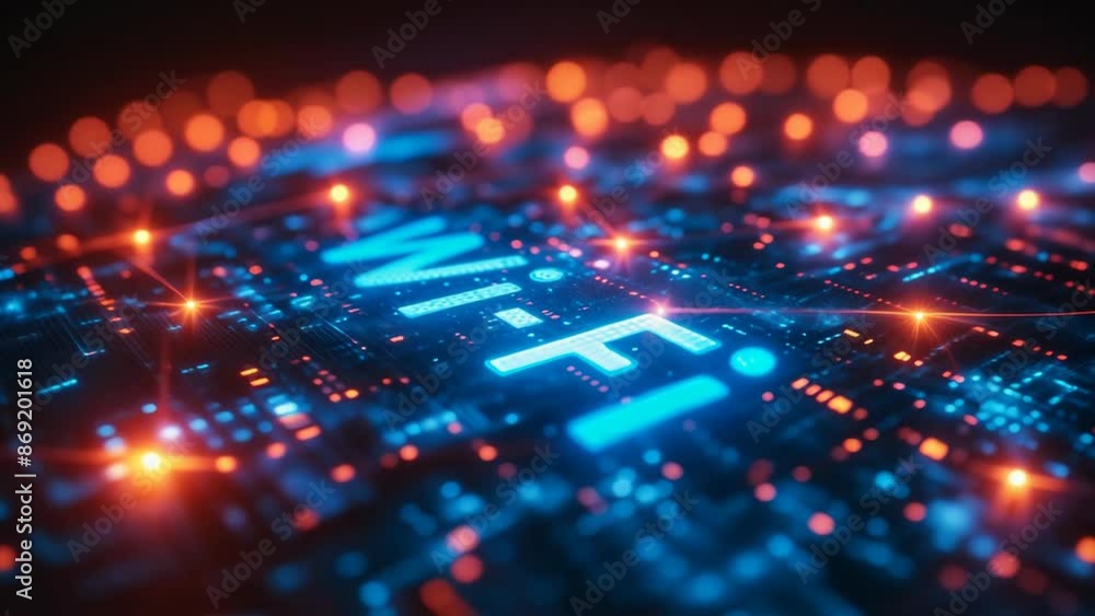 Poster futuristic neon blue wi-fi signal on glowing circuit board representing high-speed wireless internet