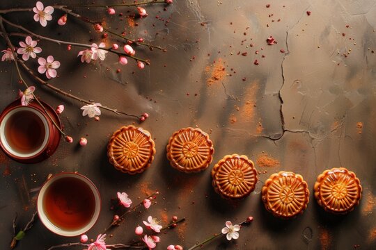 Artistic arrangement of mooncakes with cherry blossoms and tea, celebrating a traditional festival with elegance.