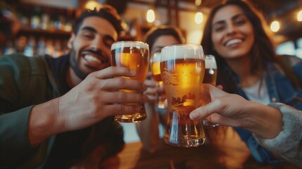 Group of friends enjoy beer at bar,laughing and holding glasses with pints of light brown lager.