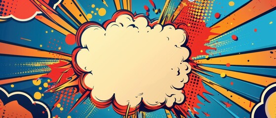 Superhero party invitation featuring a dynamic comic book explosion, vibrant design, blank area for details