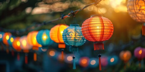 Fototapeta premium Colorful lanterns hanging in a row, glowing warmly as the sun sets, creating a festive and lively atmosphere.