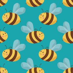 Seamless pattern with bees on color background. Small wasp. Vector illustration. Adorable cartoon character. Template design for invitation, cards, textile, fabric. Doodle style