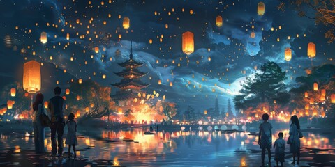 Fototapeta premium A breathtaking night scene with numerous lanterns floating in the sky, illuminating a traditional festival.
