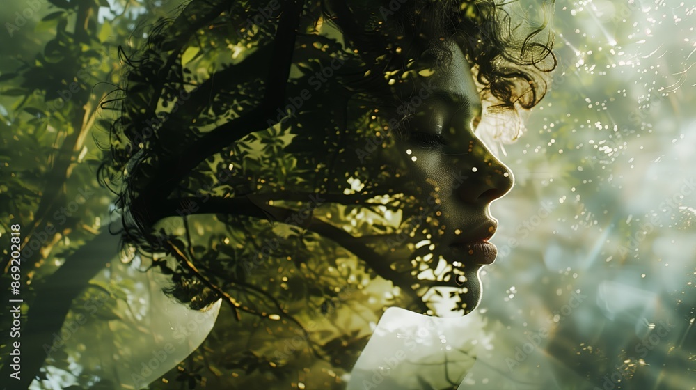 Poster a double exposure image of a person standing in a serene, green forest with sunlight streaming