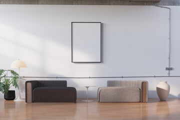 white wall contemporary living room interior with arm chair and white empty poster	