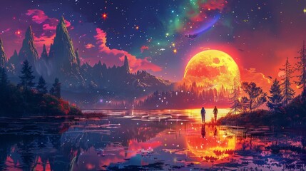 Fototapeta premium Fantasy Landscape with Couple Gazing at a Giant Moon. A Vibrant and Magical Night Scene
