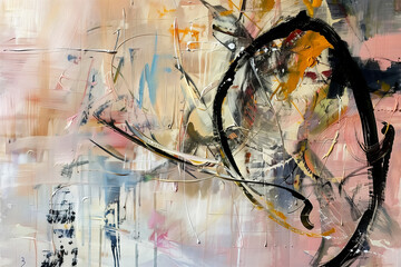 abstract painting with bold black strokes and splashes of pastel colors on a textured canvas background