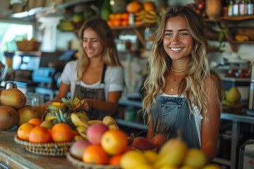 A young blonde woman with wavy hair, wearing a grey apron, stands cheerfully at a juice bar counter filled with a variety of colorful fruits. Another woman is working in the background