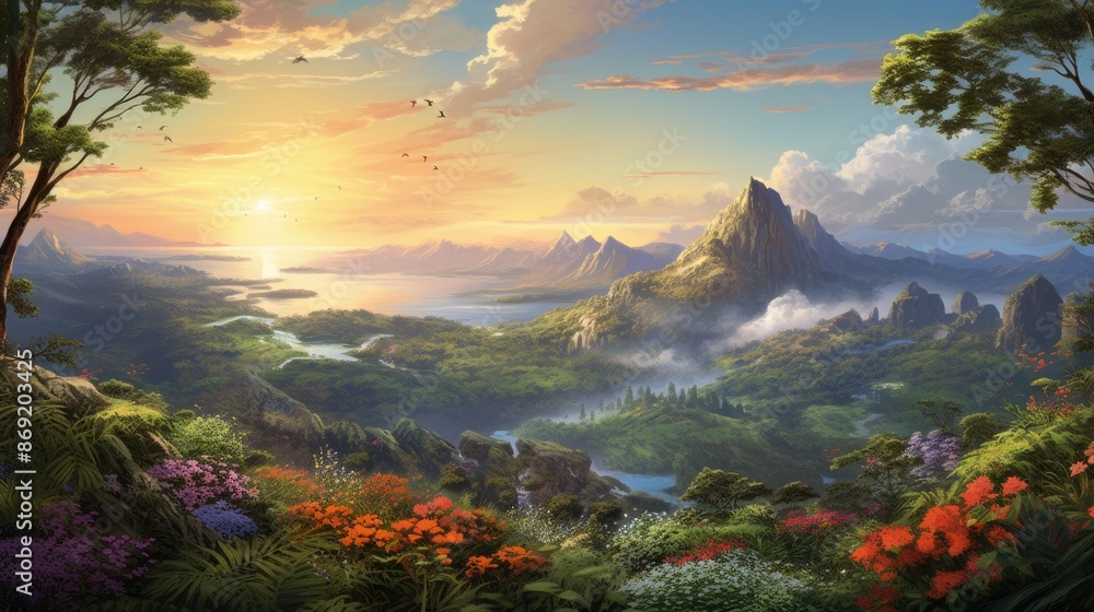 Poster the image is a beautiful landscape with a river running through it.