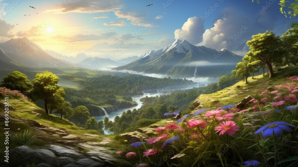 Poster the image is of a beautiful landscape with a river running through it.