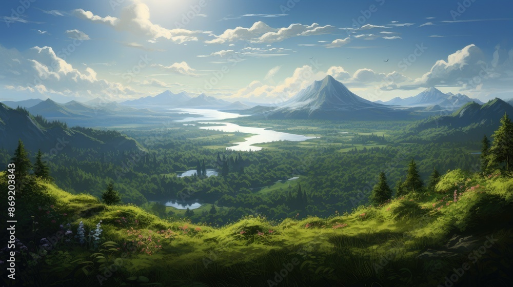 Poster the image is of a beautiful landscape with a mountain range in the distance, a river running through