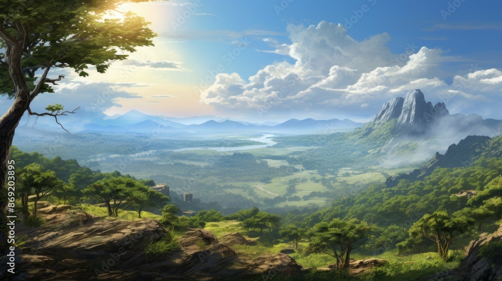 Poster the image is of a beautiful landscape with a mountain range in the distance. the foreground is a lus
