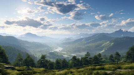 Fototapeta premium The image is of a beautiful landscape with a river running through a valley. The sky is blue and there are white clouds.
