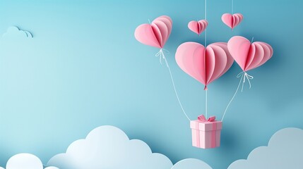 A gift box tied with a pink ribbon and tied to pink heart shaped balloons.