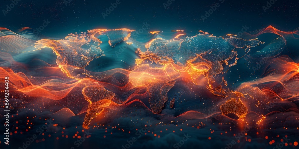 Poster global map showing digital data connections across continents