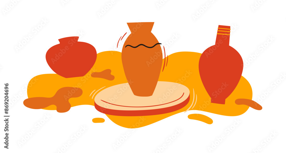 Poster the illustration depicts three clay vessels on a potter's wheel, surrounded by abstract shapes. suit