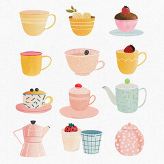Pattern with cups in coffee and tea theme