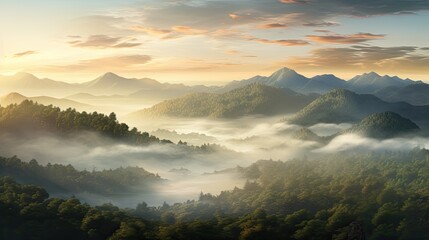 Amazing landscape with green mountains and hills covered with dense jungle. There is a white fog in the valley between the hills.