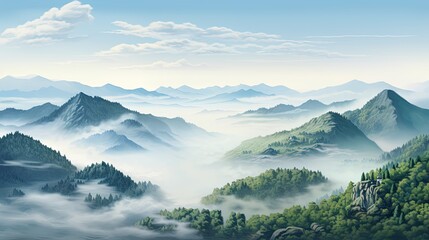 Obraz premium The image is of a beautiful mountain landscape. The foreground is a lush green forest, with a small clearing in the middle.