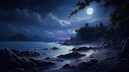 Rocky beach at night with a full moon and a starry sky. The water is calm and still, reflecting the light of the moon.