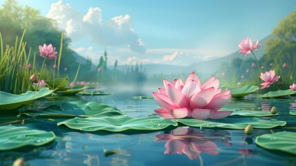 Lotus Flower Background with Calm and Peaceful Lotus Lake
