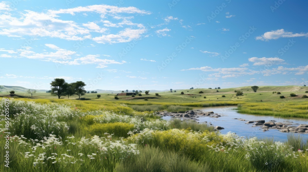 Poster amazing landscape with green fields and river flowing through it. the sky is blue and there are some
