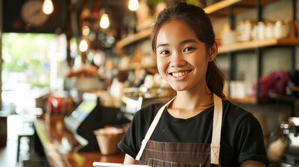 Smiling Barista Holding Tablet in Cozy Café.