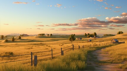 Obraz premium A beautiful landscape image of a rural field with a dirt road in the foreground, a wooden fence to the left, and a small farmhouse in the distance.