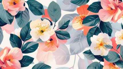 A contemporary and clean design featuring minimalist, geometric floral patterns in soft pink, white, and teal. Generative AI