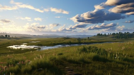 Amazing landscape with green field and river flowing through it. There are hills and mountains in the background.