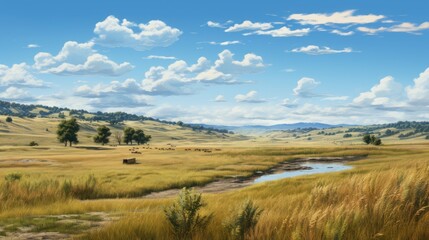 Amazing landscape with a beautiful blue sky and white clouds. The endless prairie is covered with tall grass. Small river or lake reflects the sky.