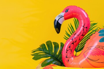 Festive summer vibes: oversized flamingo pool float kit against a bright yellow backdrop, creating an atmosphere for a splash bash