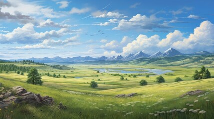 Obraz premium The image is of a beautiful landscape with a river running through it. There are mountains in the background and trees and flowers in the foreground.