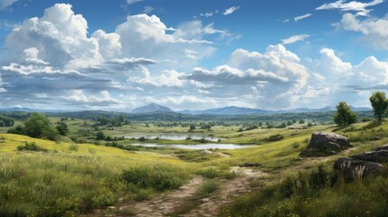 Amazing view of green rolling hills and blue sky with white clouds.