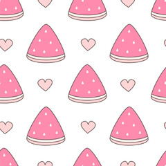 cute fresh hand drawn summer seamless vector pattern background illustration with pink watermelon and hearts