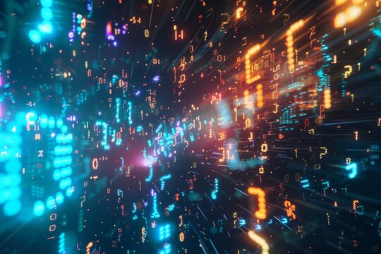 Digital data stream flowing through cyberspace with numerical and light trail abstractions