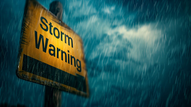 Storm warning on yellow warning signboard with dark cloud and falling rain on background, Heavy rain flash flooding and hurricane storm emergency warning 